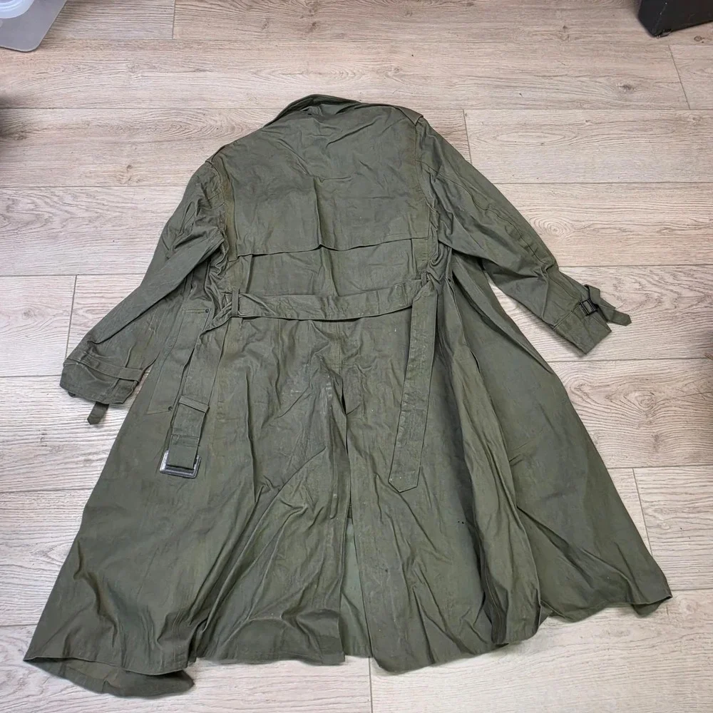 Vintage Military Trench Coat Mens Large Olive Green Good Double Breasted Belted